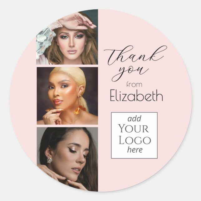 Blush Pink Script Logo 3 Photo Makeup Thank You Runder Aufkleber (Vorderseite)