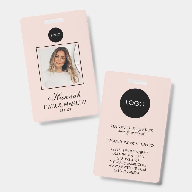 Blush Pink Script Logo Hair Photo Makeup Ausweis (Vorder- & Rückseite)