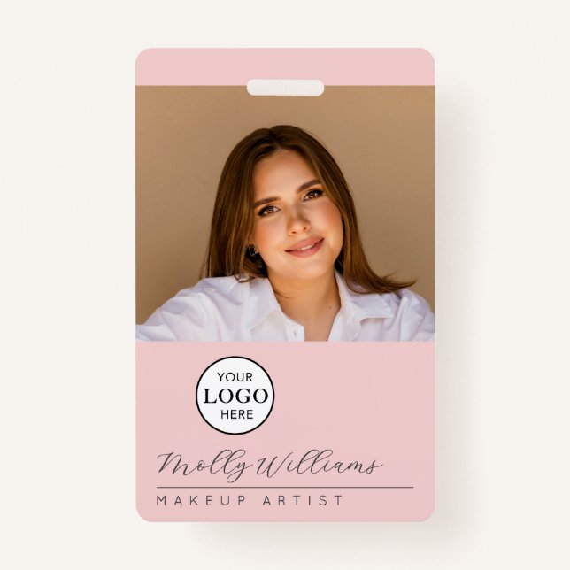 Blush Pink Script Logo Photo Makeup Badge Ausweis (Vorderseite)