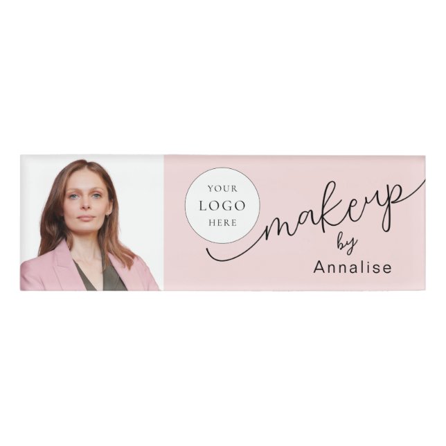 Blush Pink Script Logo Photo Makeup Namenschild (Vorderseite)