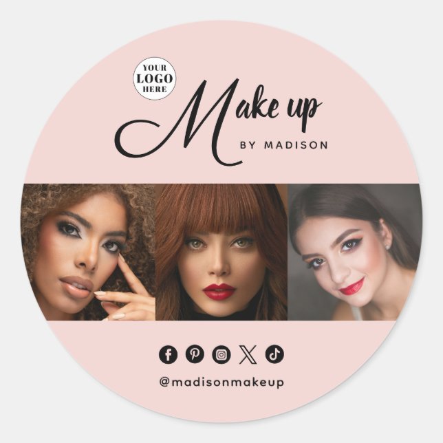 Blush Pink Script Logo Photo Makeup Runder Aufkleber (Vorderseite)