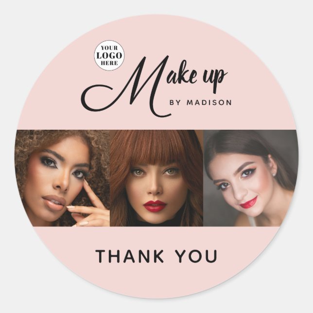 Blush Pink Script Logo Photo Makeup Thank You Runder Aufkleber (Vorderseite)