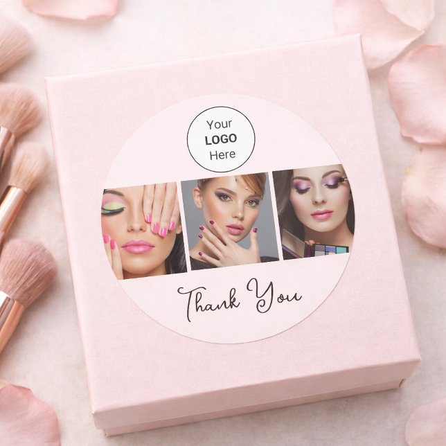 Blush Pink Script Logo Photo Makeup Thank You Runder Aufkleber (Makeup Artist Thank You Sticker with Photo)