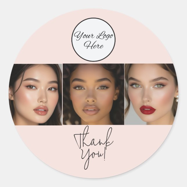 Blush Pink Script Logo Photo Makeup Thank You Runder Aufkleber (Vorderseite)