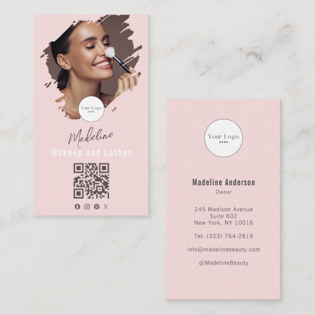 Blush Pink Script Logo QR Code Photo Makeup Visitenkarte (Vorne/Hinten)
