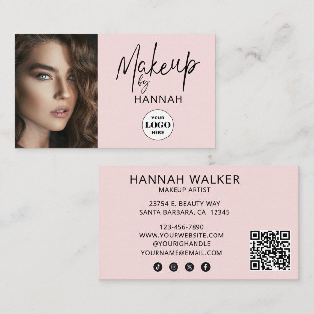 Blush Pink Script Logo QR Code Photo Makeup Visitenkarte (Vorne/Hinten)