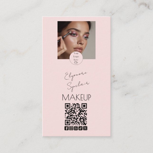 Blush Pink Script Logo QR Code Photo Makeup Visitenkarte (Vorderseite)