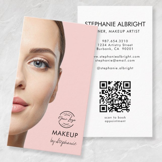 Blush Pink Script Logo QR Code Photo Makeup Visitenkarte (Von Creator hochgeladen)