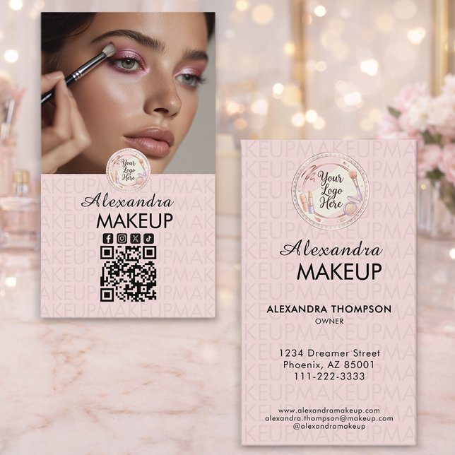 Blush Pink Script Logo QR Code Photo Makeup Visitenkarte (Von Creator hochgeladen)
