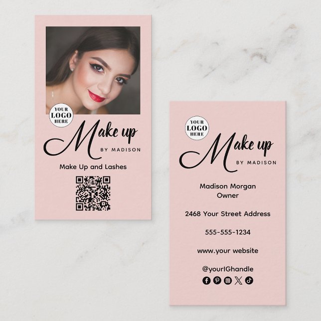Blush Pink Script Logo QR Code Photo Makeup Visitenkarte (Von Creator hochgeladen)