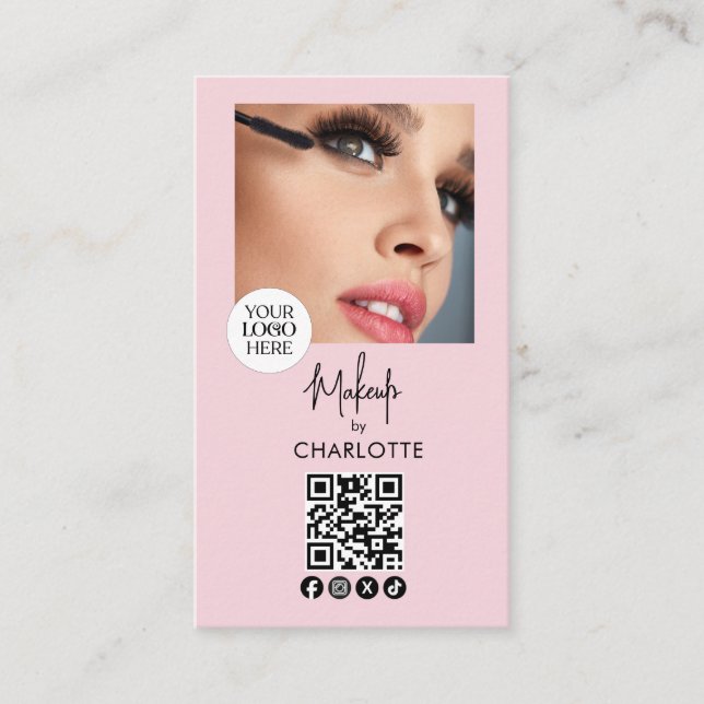 Blush Pink Script Logo QR Code Photo Makeup Visitenkarte (Vorderseite)