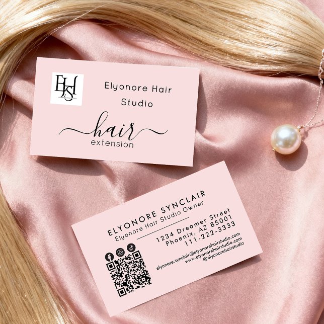 Blush Pink Script Logo QR Social Hair Extension Visitenkarte (Von Creator hochgeladen)