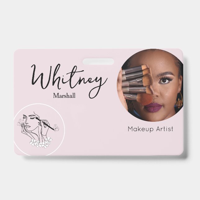 Blush Pink Script Photo Logo Makeup Artist Name  Ausweis (Vorderseite)