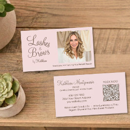 Blush Pink Script Photo QR Code Lashes and Brows Visitenkarte