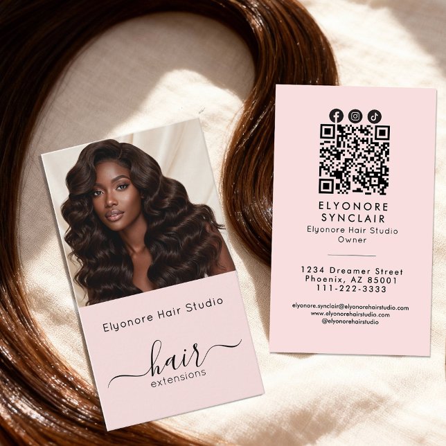 Blush Pink Script Photo QR Social Hair Extension Visitenkarte (Von Creator hochgeladen)