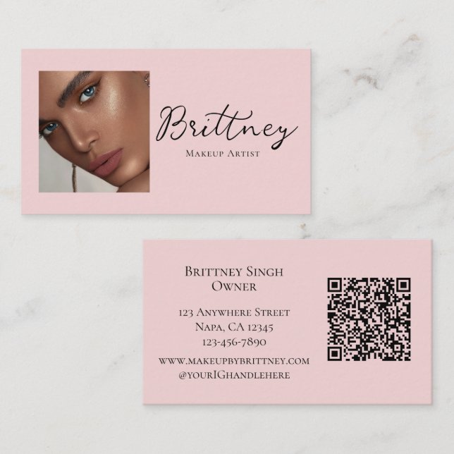 Blush Pink Script QR Code Photo Makeup Visitenkarte (Vorne/Hinten)