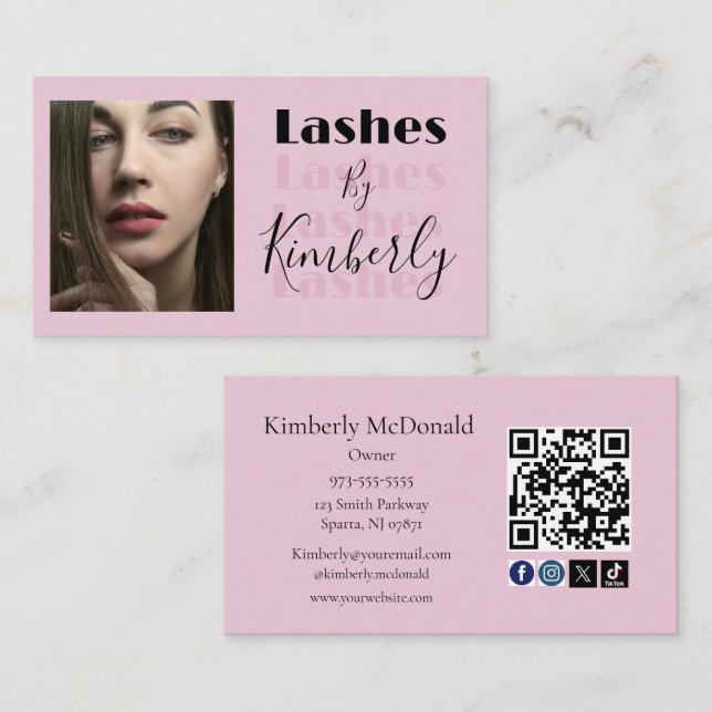 Blush Pink Script Social Icon QR Code Photo Lashes Visitenkarte (Vorne/Hinten)