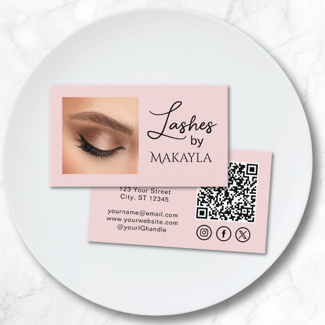 Blush Pink Script Social Icon QR Code Photo Lashes Visitenkarte (Von Creator hochgeladen)