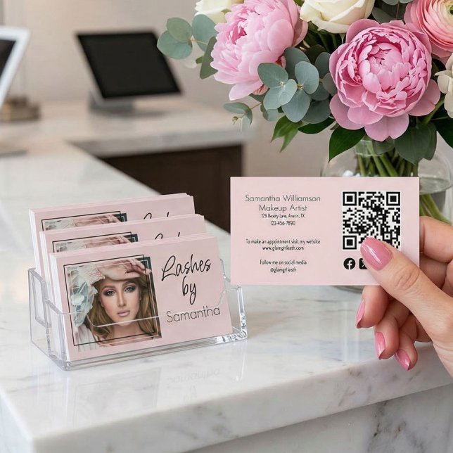 Blush Pink Script Social Icon QR Code Photo Lashes Visitenkarte (Von Creator hochgeladen)