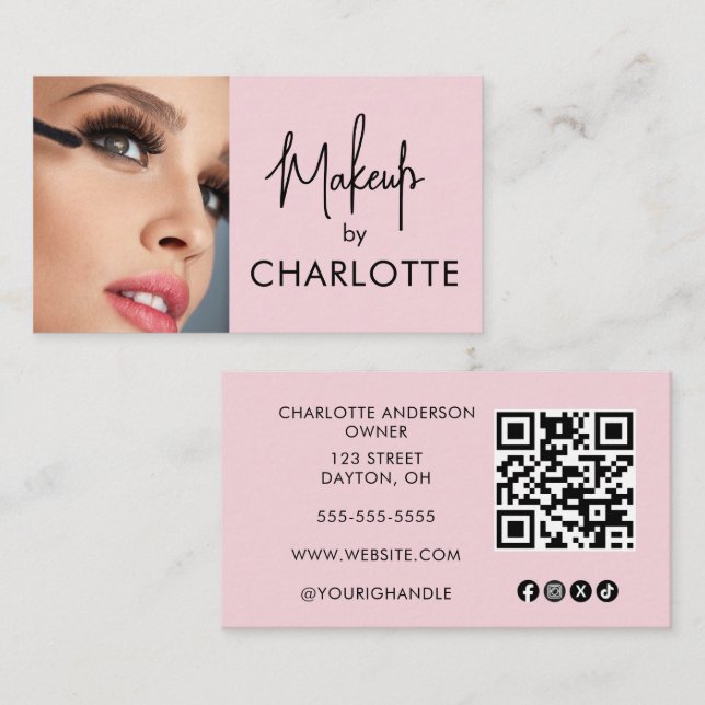 Blush Pink Script Social Icon QR Code Photo Makeup Visitenkarte (Vorne/Hinten)