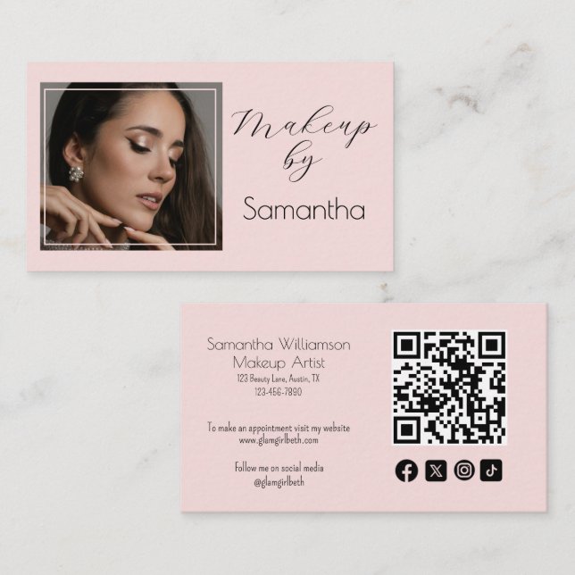 Blush Pink Script Social Icon QR Code Photo Makeup Visitenkarte (Vorne/Hinten)
