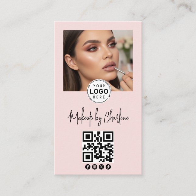Blush Pink Script Social Icon QR Code Photo Makeup Visitenkarte (Vorderseite)