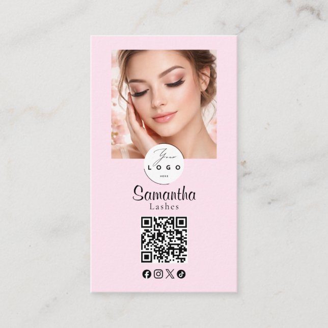 Blush Pink Script Social Icon QR Code Photo Makeup Visitenkarte (Vorderseite)
