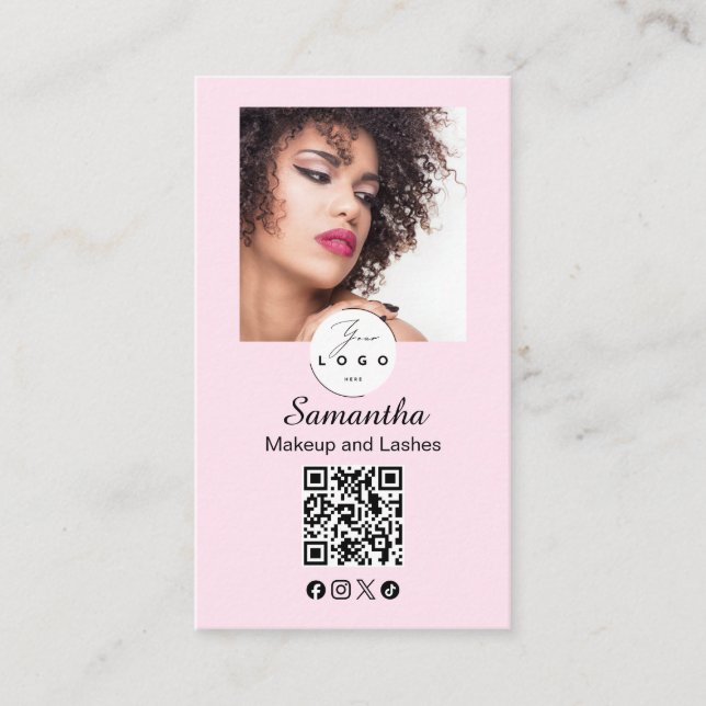 Blush Pink Script Social Icon QR Code Photo Makeup Visitenkarte (Vorderseite)