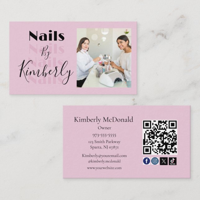 Blush Pink Script Social Icon QR Code Photo Nails Visitenkarte (Vorne/Hinten)