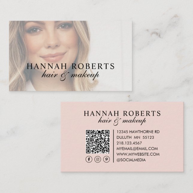 Blush Pink Script Social QR Code Photo Hair Makeup Visitenkarte (Vorne/Hinten)
