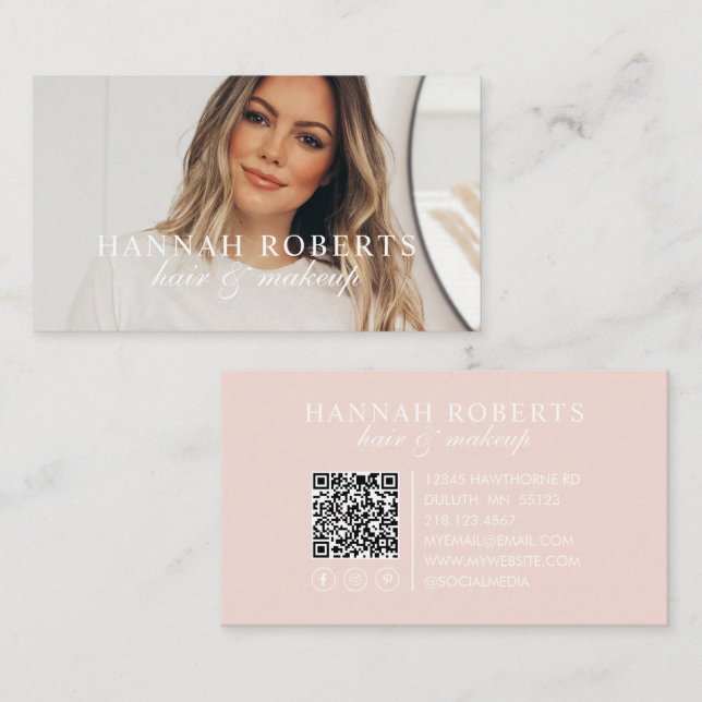 Blush Pink Script Social QR Code Photo Hair Makeup Visitenkarte (Vorne/Hinten)