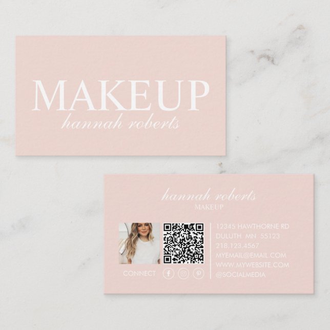 Blush Pink Script Social QR Code Photo Makeup Visitenkarte (Vorne/Hinten)