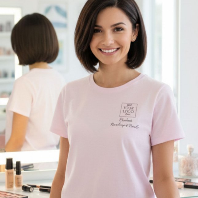 Blush Pink Script Staff Name Business Logo Makeup T-Shirt (Von Creator hochgeladen)