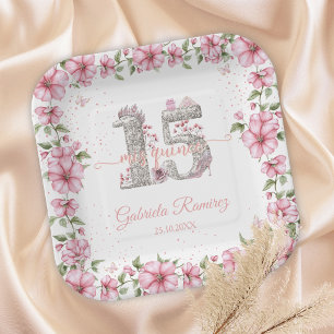 Blush Pink Silber Mis Quince Quinceañera  Pappteller