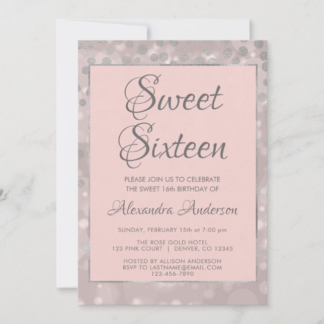 Blush Pink & Silver Confetti Sweet 16 Geburtstag Einladung (Vorderseite)