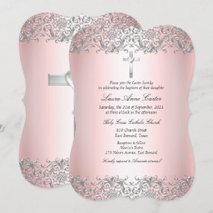 Blush Pink Silver Damask Cross Taufe Christening Einladung