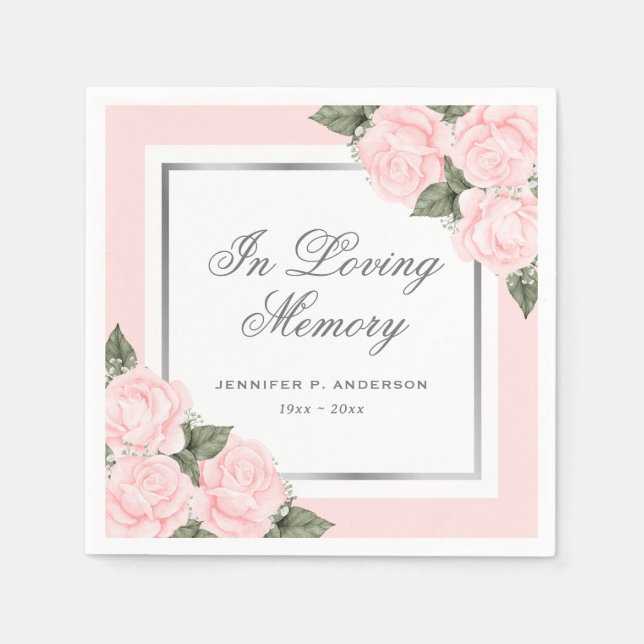 Blush Pink Silver Floral Beerdigung Memorial Serviette (Vorderseite)