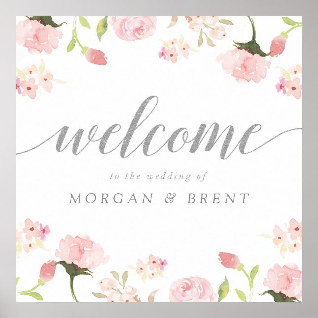 Blush Pink & Silver Floral Wedding Begrüßungszeich Poster (Vorne)