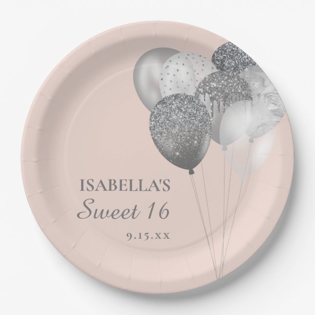 Blush Pink Silver Glitzer Balloons Sweet 16 Pappteller (Vorderseite)