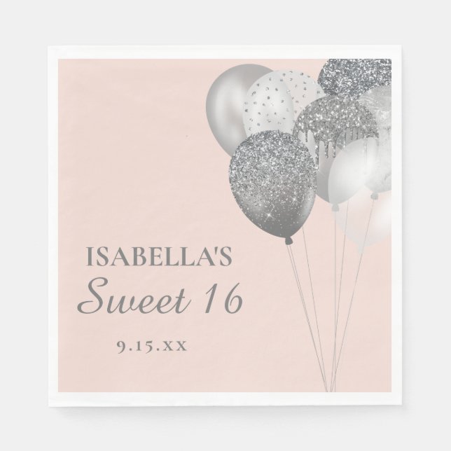 Blush Pink Silver Glitzer Balloons Sweet 16 Serviette (Vorderseite)