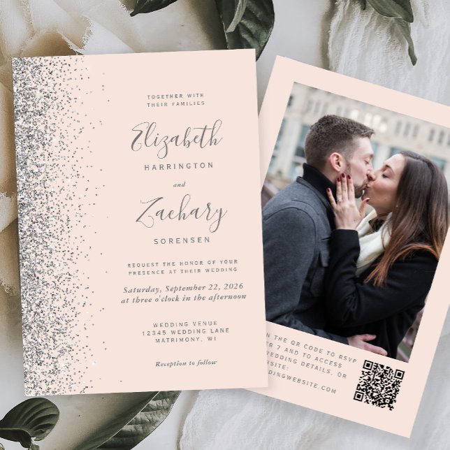 Blush Pink Silver Glitzer Foto QR Code Hochzeit Einladung (Von Creator hochgeladen)
