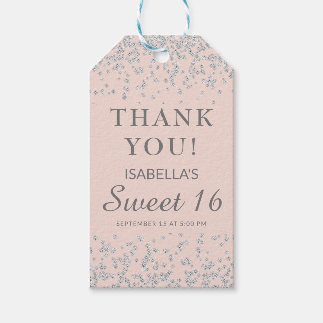 Blush Pink Silver Glitzer Sweet 16 Vielen Dank Geschenkanhänger (Vorderseite)