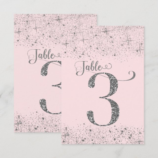 Blush Pink Silver Glitzer Tischnummern Nummer 3 (Vorne/Hinten)