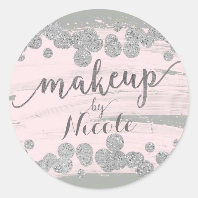 Blush Pink Silver & Gray Sparkle Dots Makeup by Runder Aufkleber (Vorderseite)