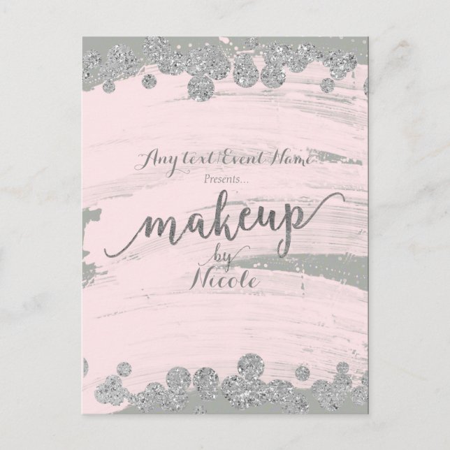 Blush Pink Silver & Gray Sparkle Dots Makeup Ereig Ankündigungspostkarte (Vorderseite)
