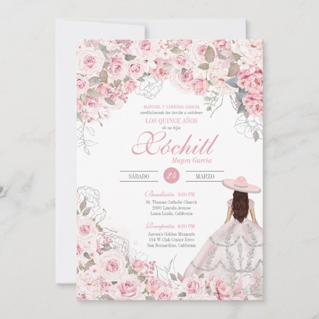 Blush Pink Silver Rose Blossom Charro Quinceanera Einladung (Vorderseite)