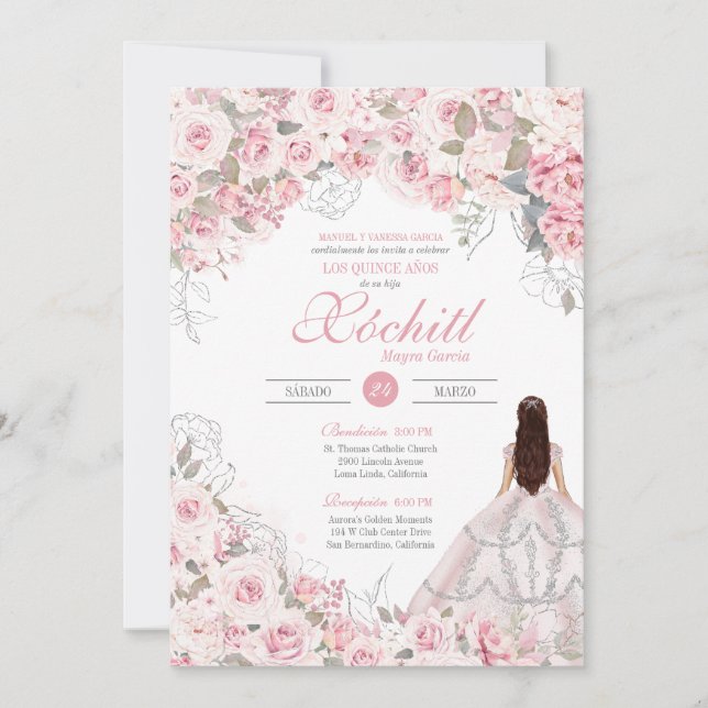 Blush Pink Silver Rose Blossom Elegantes Quinceane Einladung (Vorderseite)