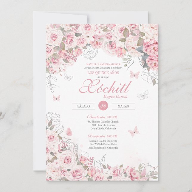 Blush Pink Silver Rose Butterfly Flora Quinceanera Einladung (Vorderseite)