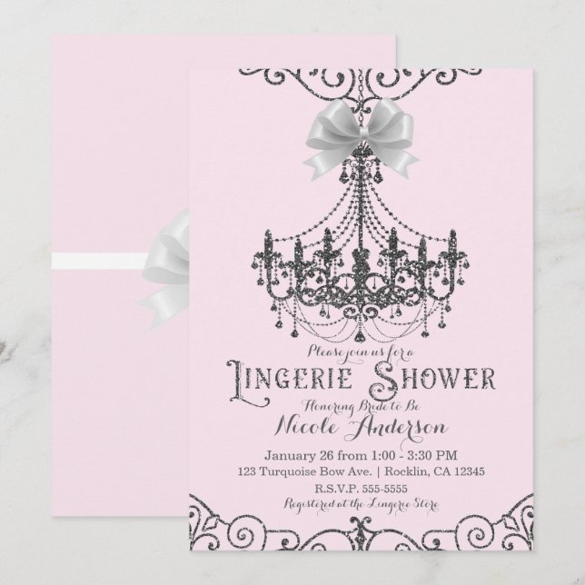 Blush Pink Silver White Bow Lingerie Dusche Einladung (Vorne/Hinten)
