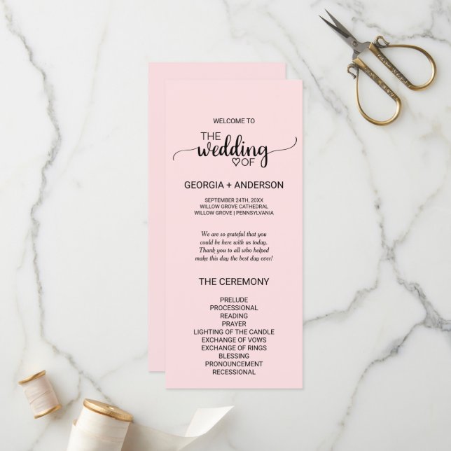 Blush Pink Simple Calligraphy Wedding Program Programm (Vorderseite/Rückseite Beispiel)